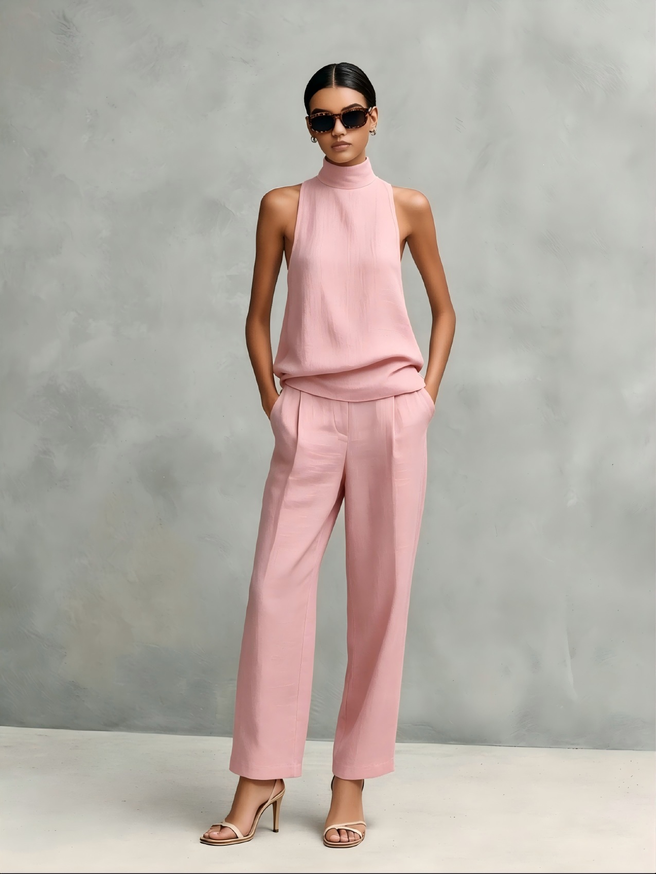 Women's Sleeveless High Neck Top & Wide Leg Pants Set
