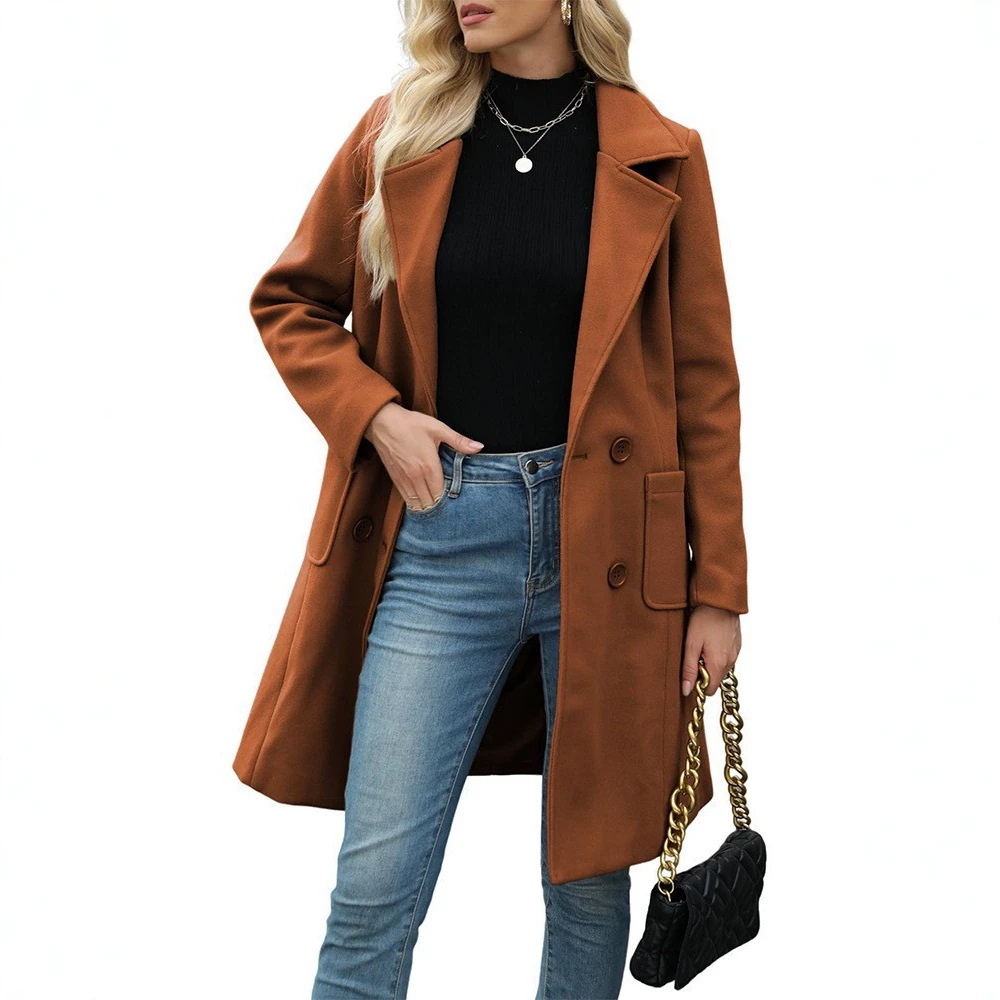 Women's Double-Breasted Wool-Blend Coat with Lapel Collar