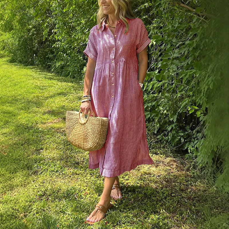 Women's Striped Short Sleeve Shirt Dress Loose Plus Size Cotton Linen Midi