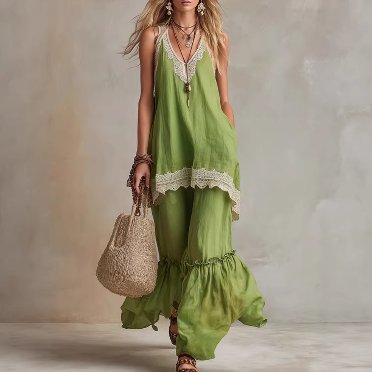 Bright Green Sleeveless Top and Wide-Leg Pants Set