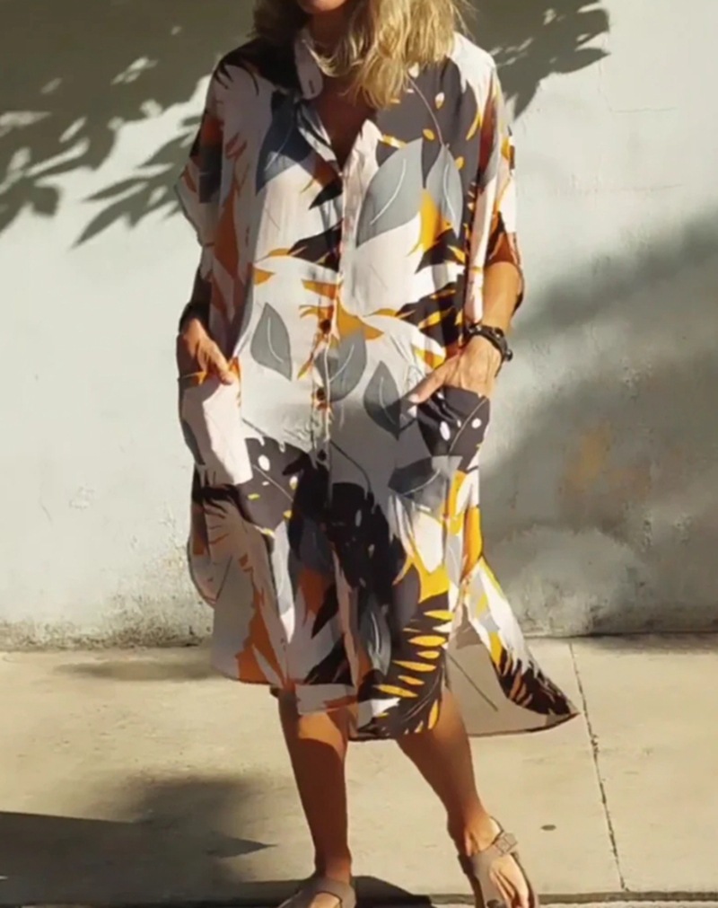 Maple Print Button-Front Midi Dress with Pockets