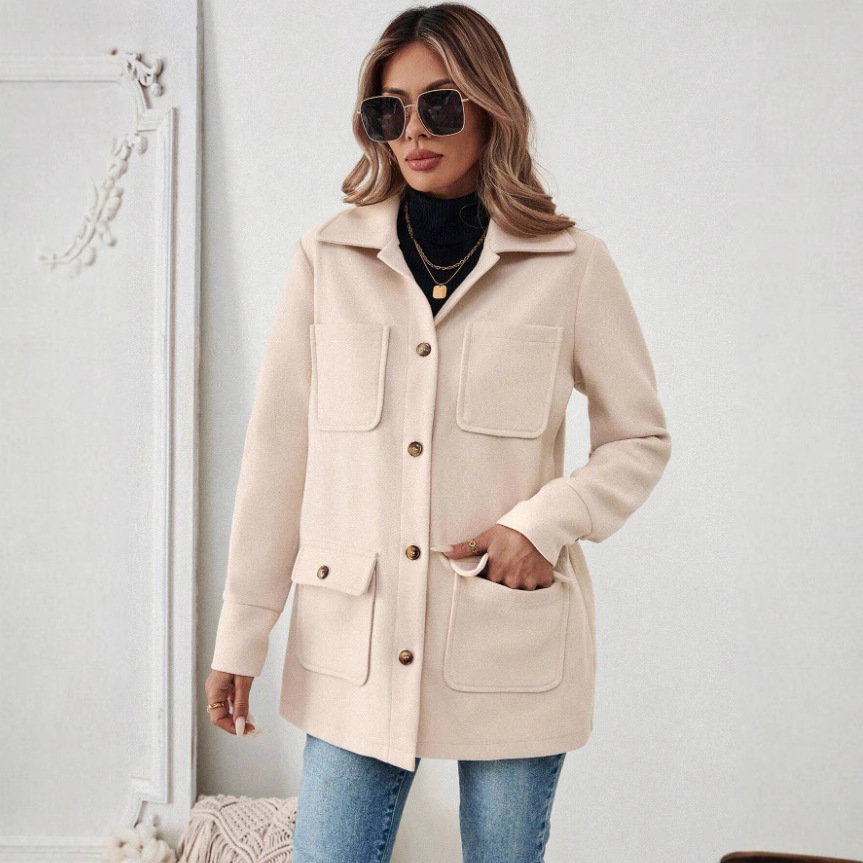 Women's Solid Color Long Sleeve Wool Blend Trench Coat Stand Collar Jacket