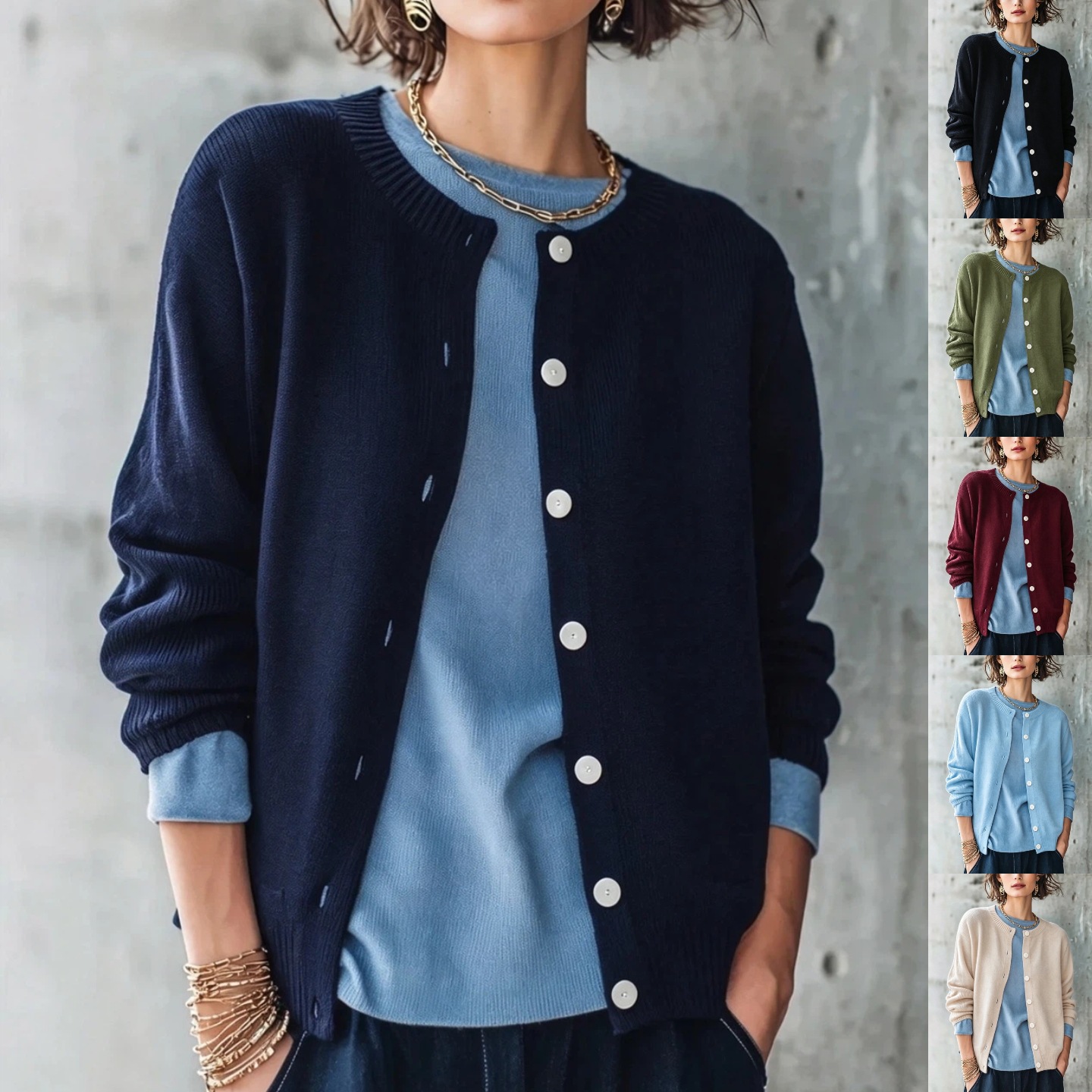 Women's Solid Crewneck Knit Cardigan Long Sleeve Button Casual Sweater Coat