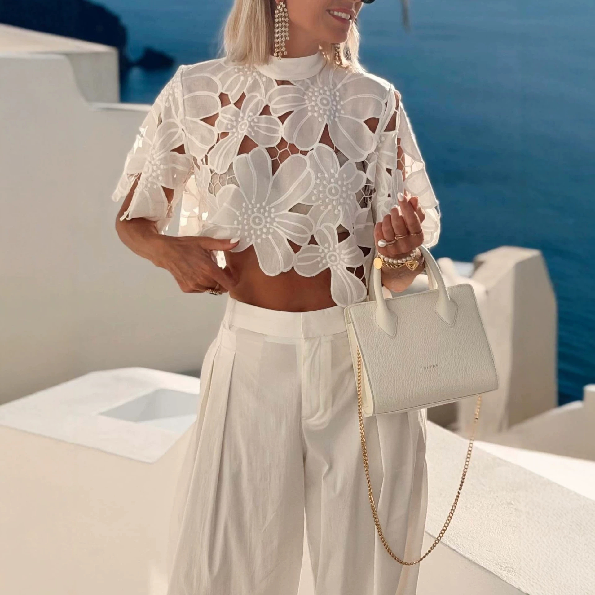 Women's Lace Hollow-Out Top and Wide-Leg Pants Set