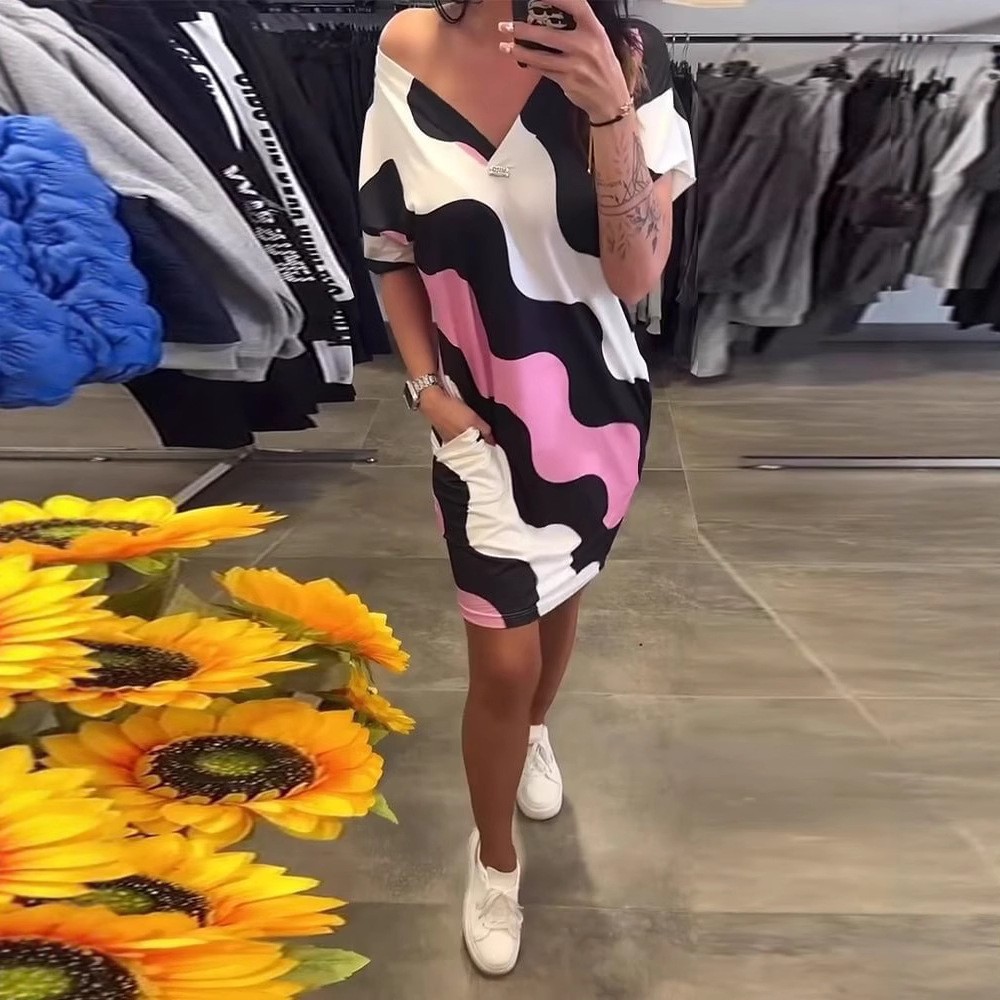 3D Print Short Sleeve V-Neck Cinched Waist Midi Dress