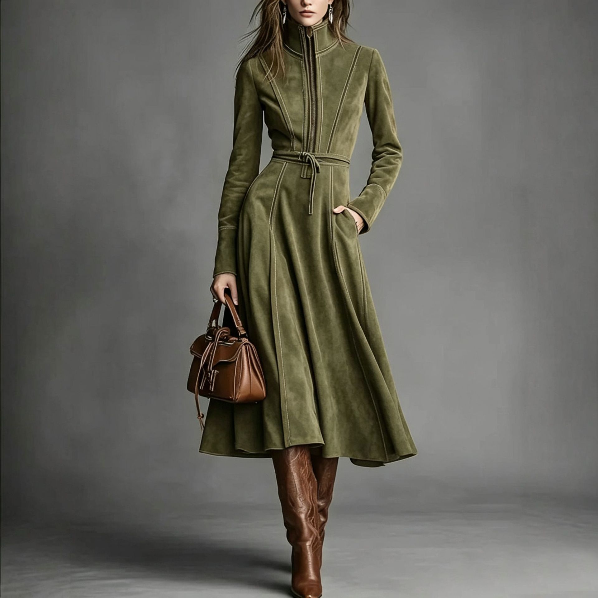 Elegant Vintage Faux Suede Zip-Up Long Dress with Waist Tie