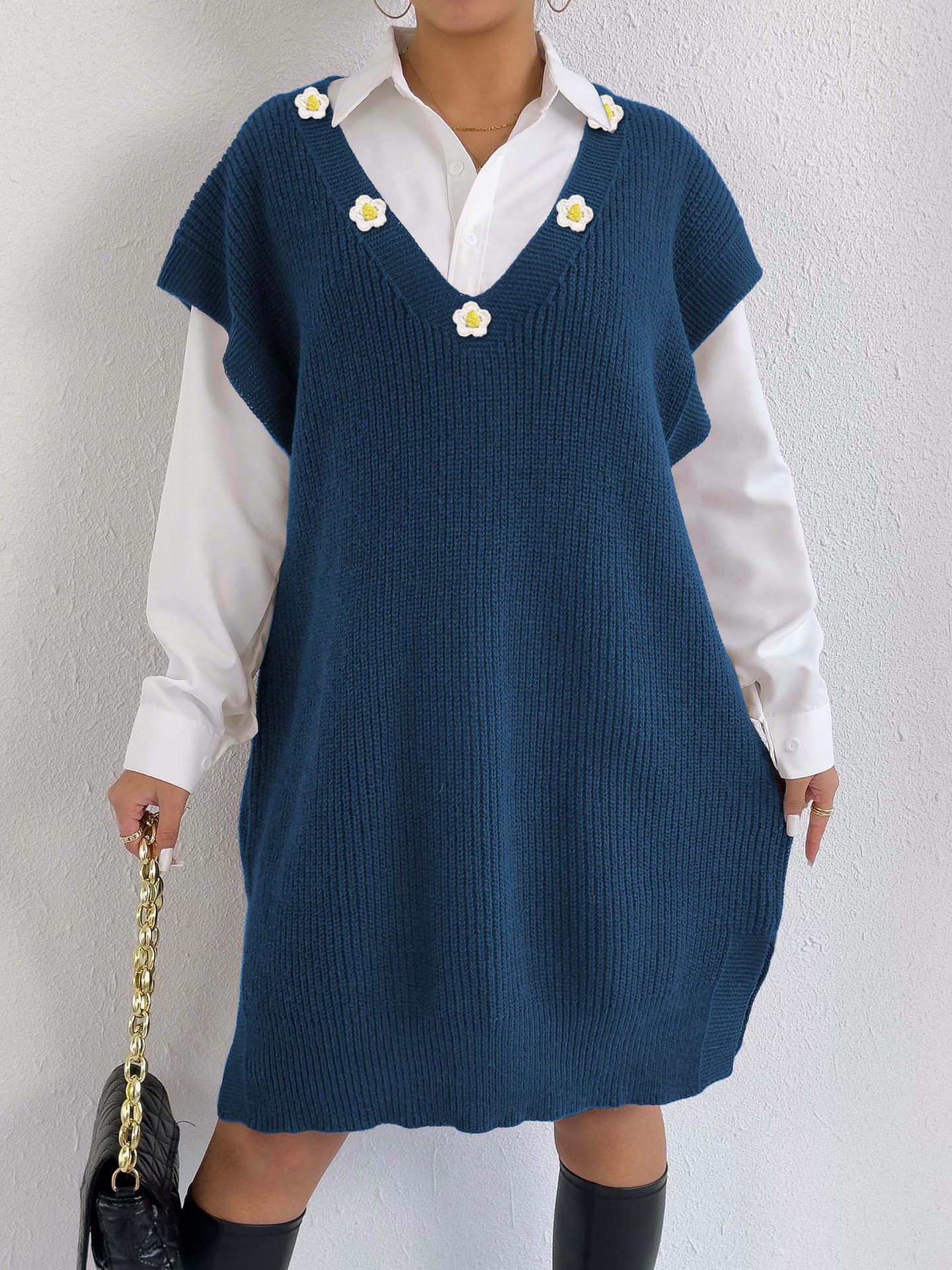 Hand-Crochet Flower Patchwork Sweater Vest Dress Deep V Loose Fit