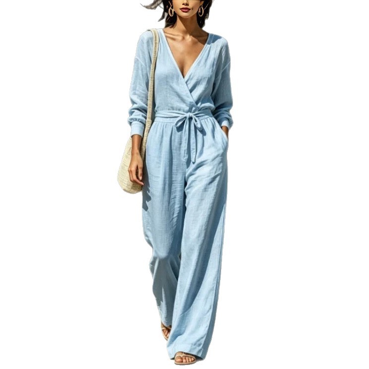 Women's V-Neck Tie-Front Shirt & Pants Set Summer Commuter Casual