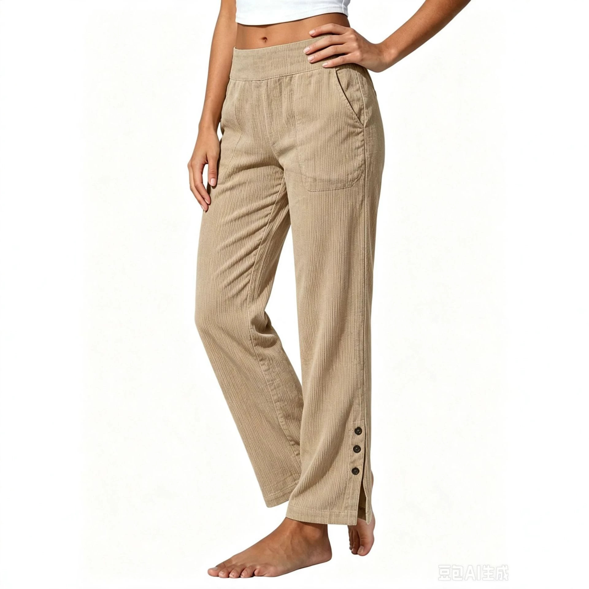 2026 European & American Cross-Border Women's Corduroy Casual Straight-Leg Pants High-Waist Loose Side-Pocket Slit Button Trousers for Women