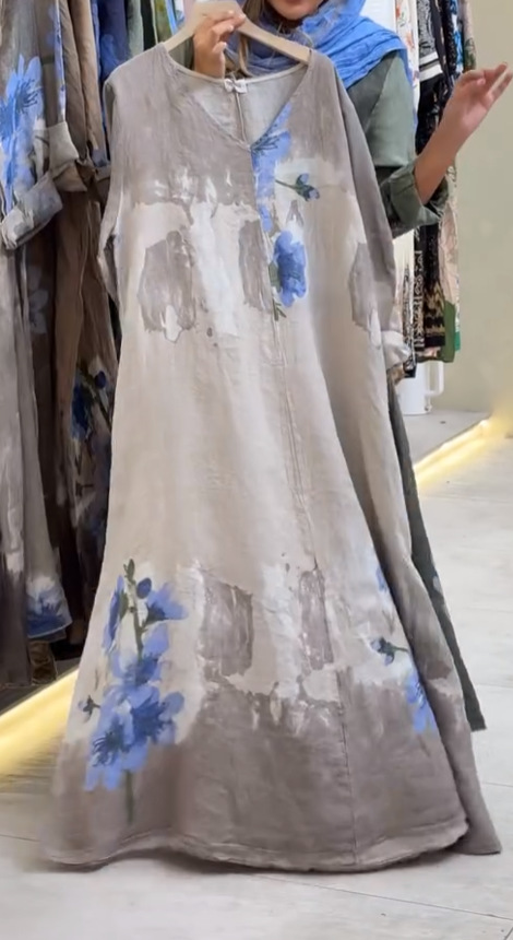 V-Neck Digital Print Short Sleeve A-Line Dress