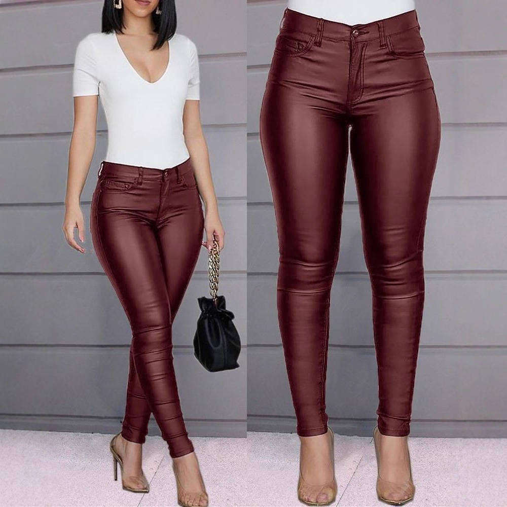 Solid Color High-Waist Skinny Pants Women's Casual Long Trousers