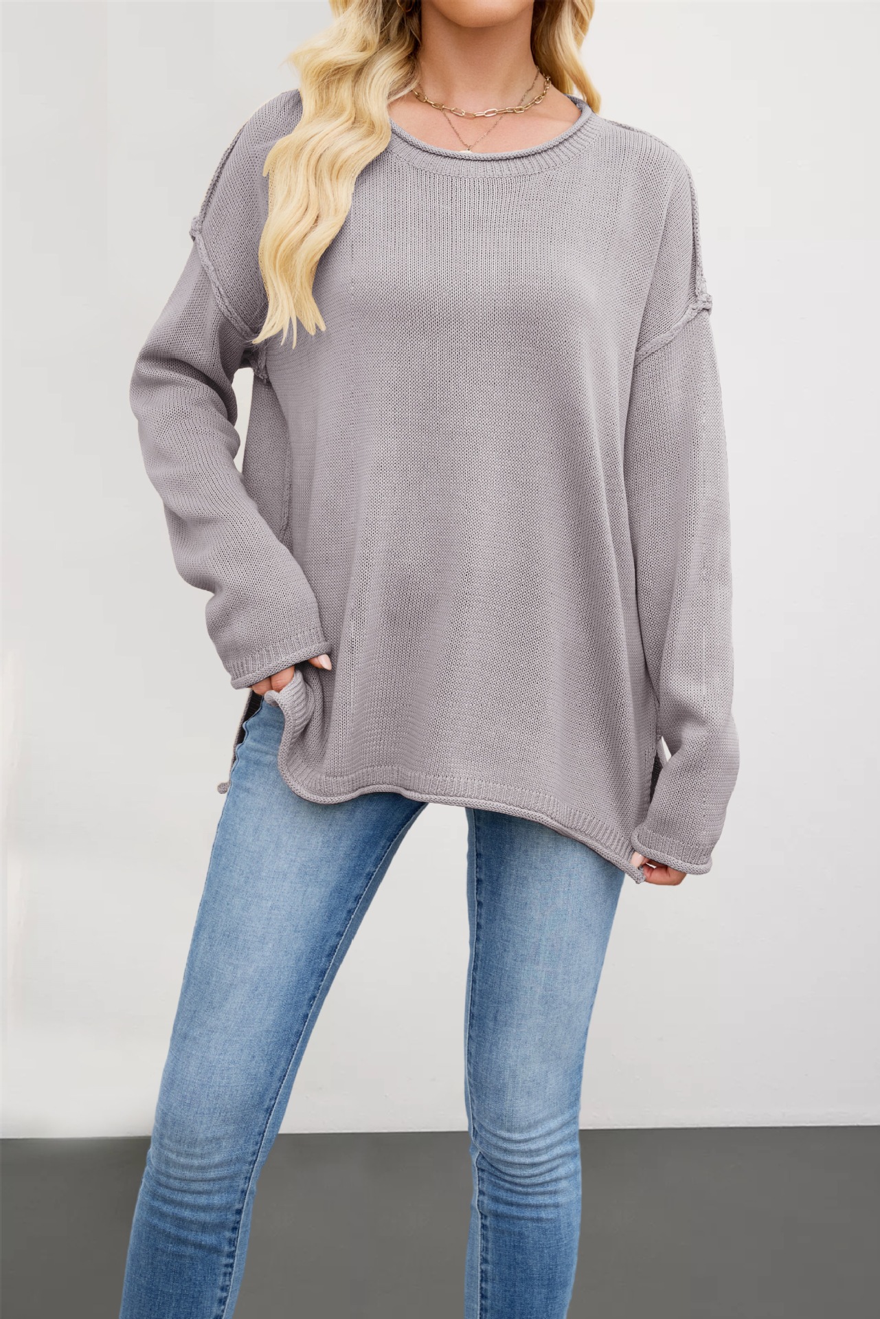 Women's Solid Crewneck Knit Pullover Sweater Loose Fit