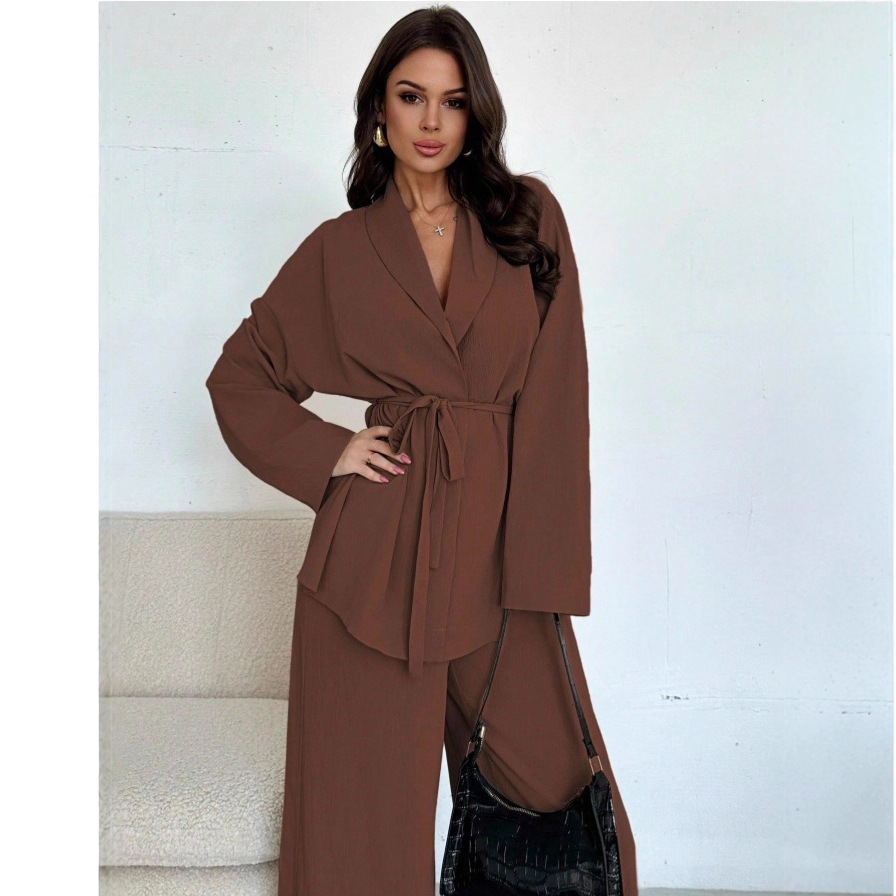 V-Neck Long Sleeve Wide-Leg Pants Set