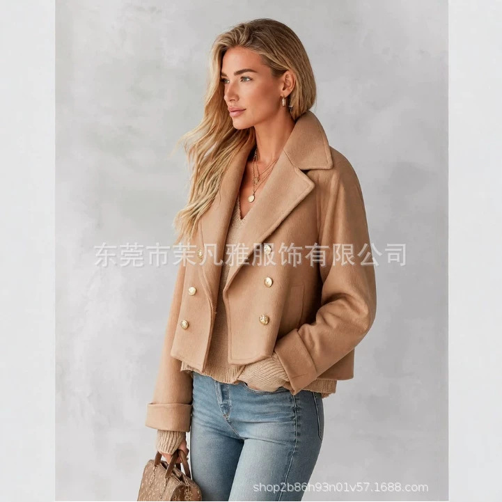 Double-Breasted Cropped Wool-Blend Coat with Lapel Collar in Camel