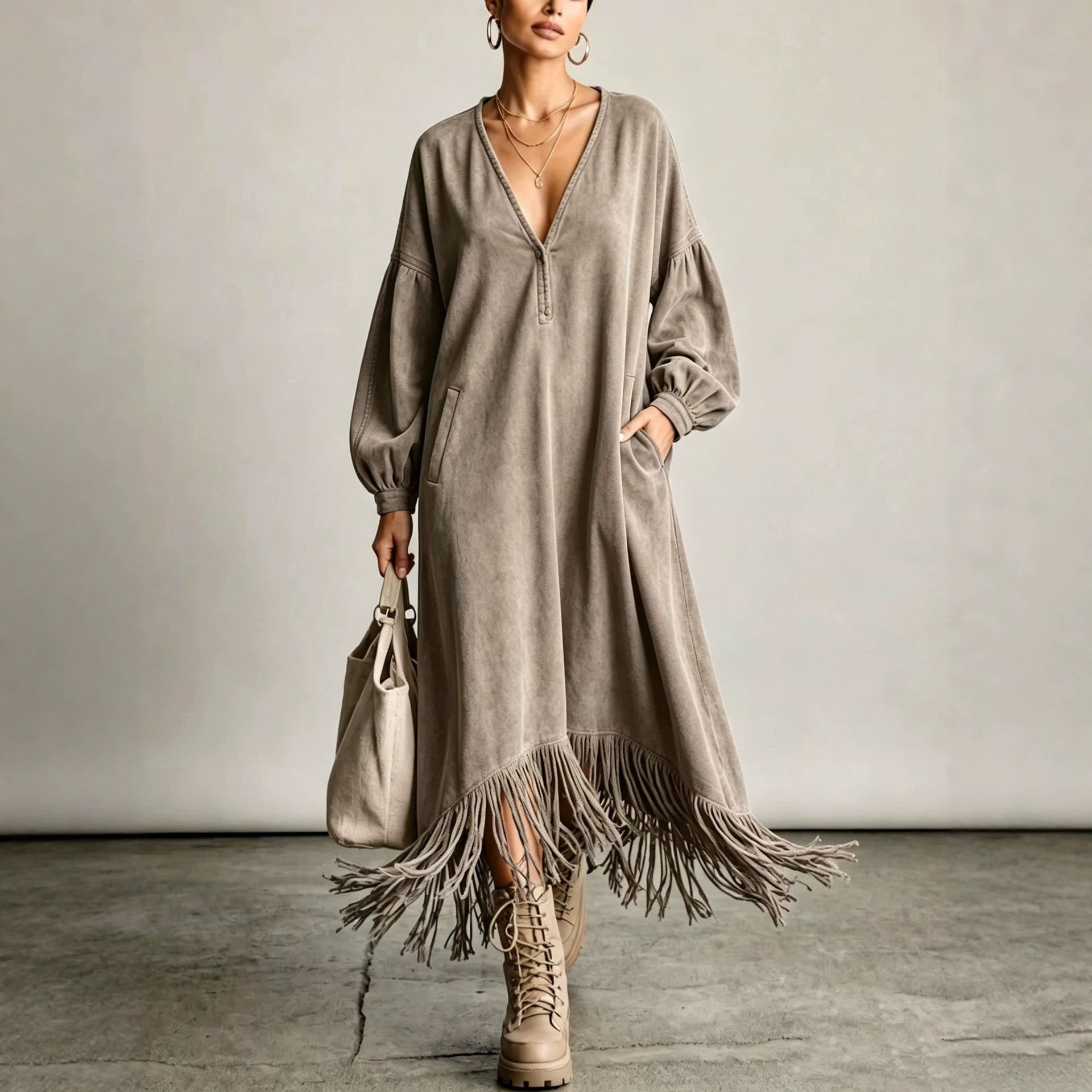 Suede Fringe V-Neck Midi Dress