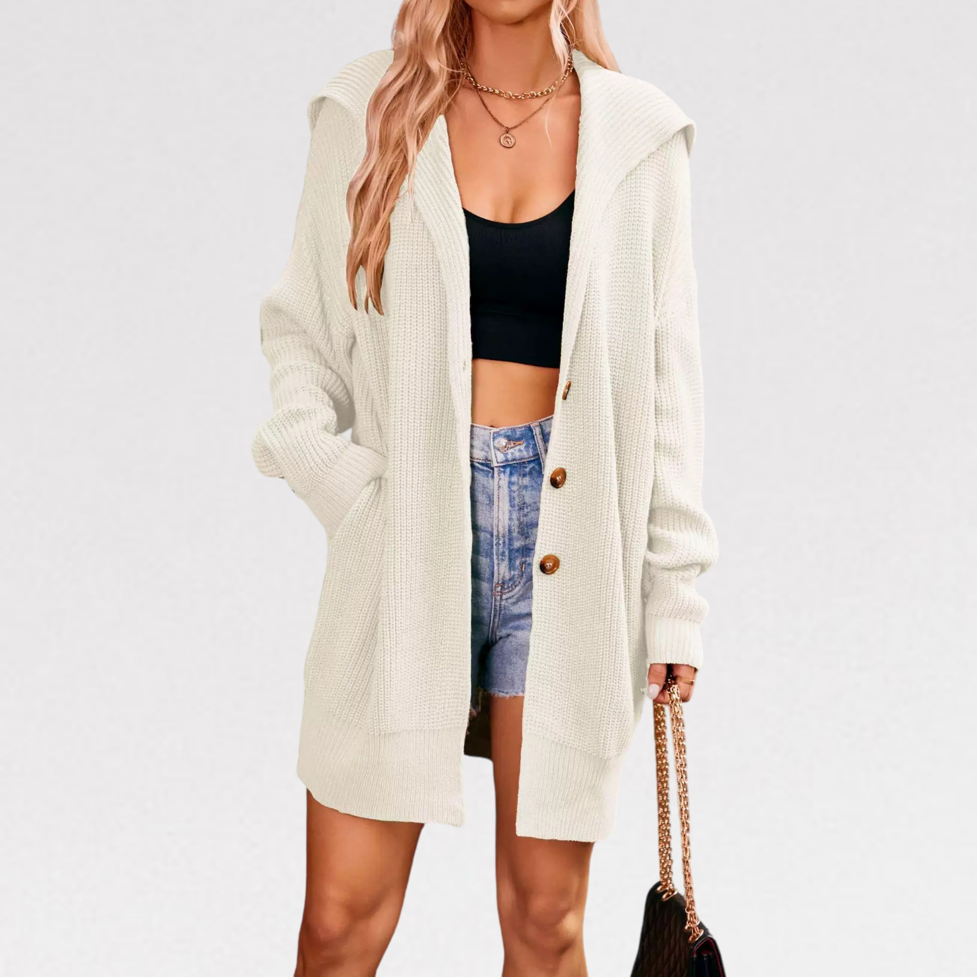 Women's Long Hooded Knit Cardigan with Pockets and Buttons
