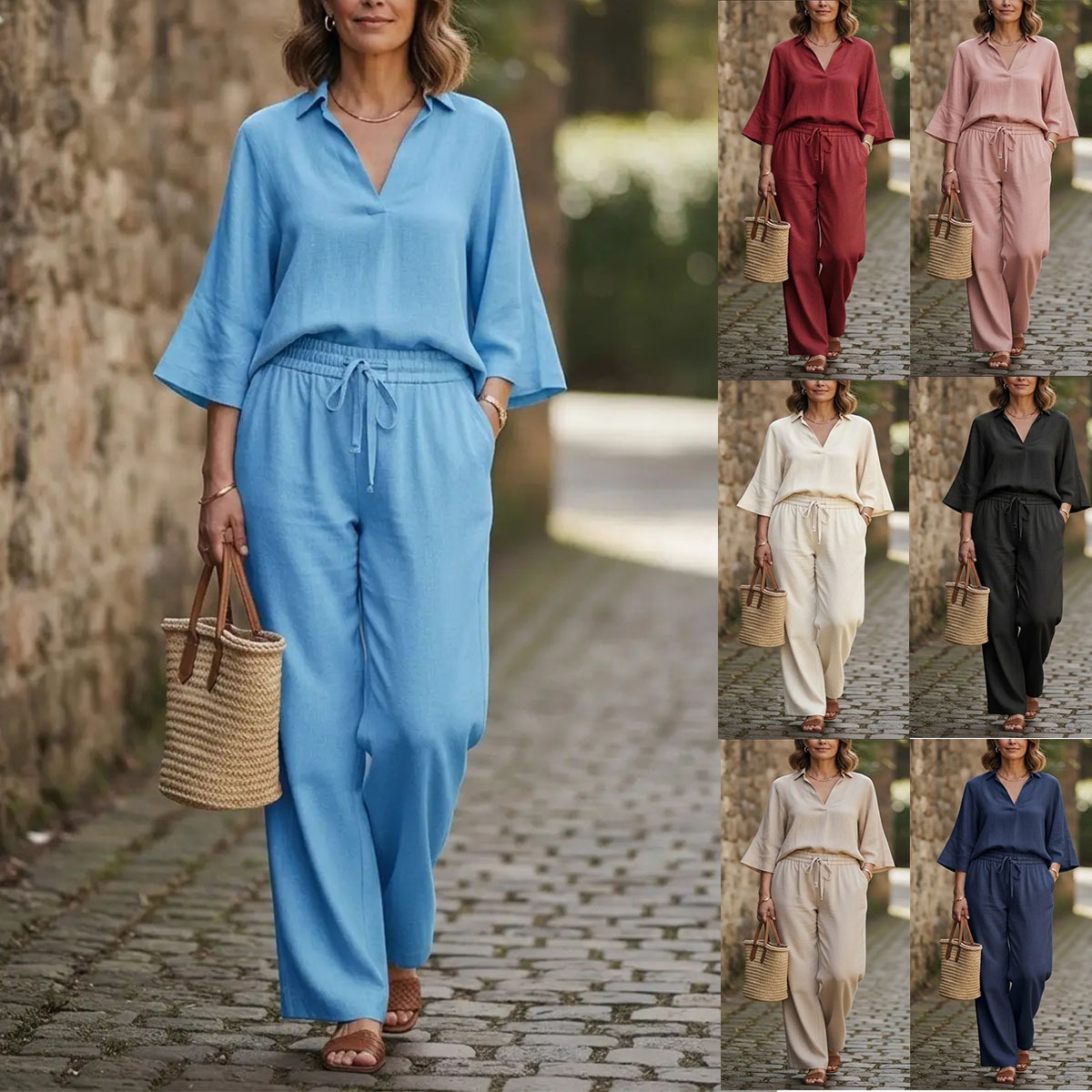Women's Casual Shirt and Pants Set Solid Color Cotton Blend