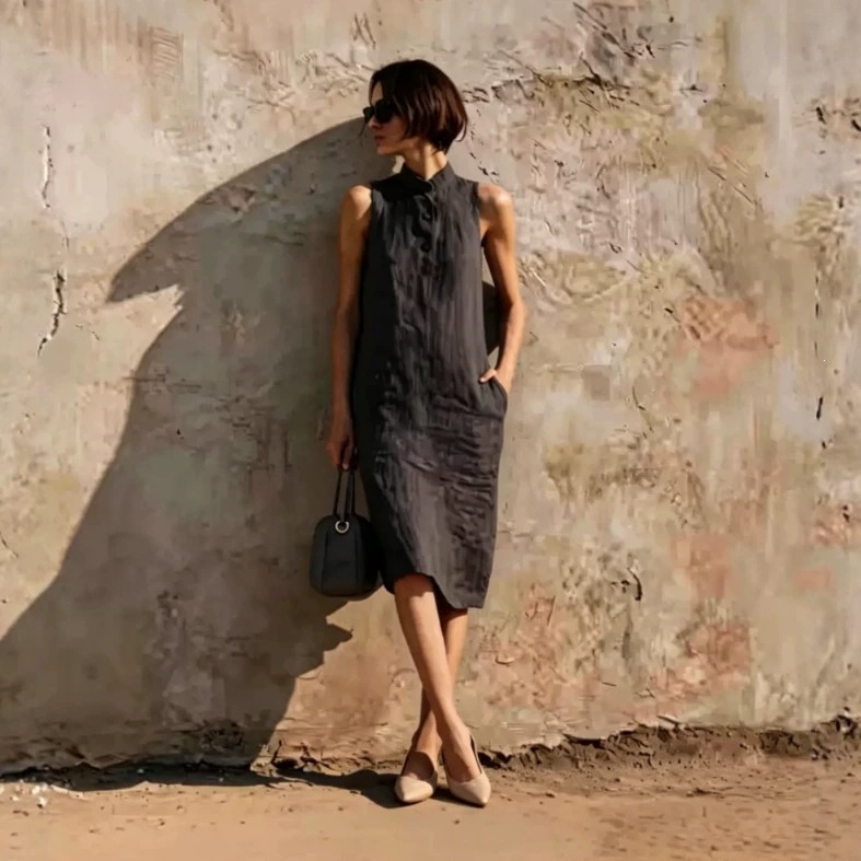 Sleeveless Linen Straight Dress Minimalist Textured Cotton-Linen Midi