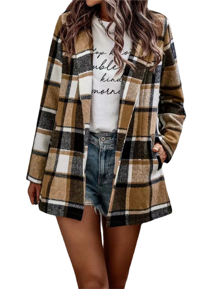 Women's Loose Plaid Print Long Sleeve Pocket Wool-Like Coat Cardigan