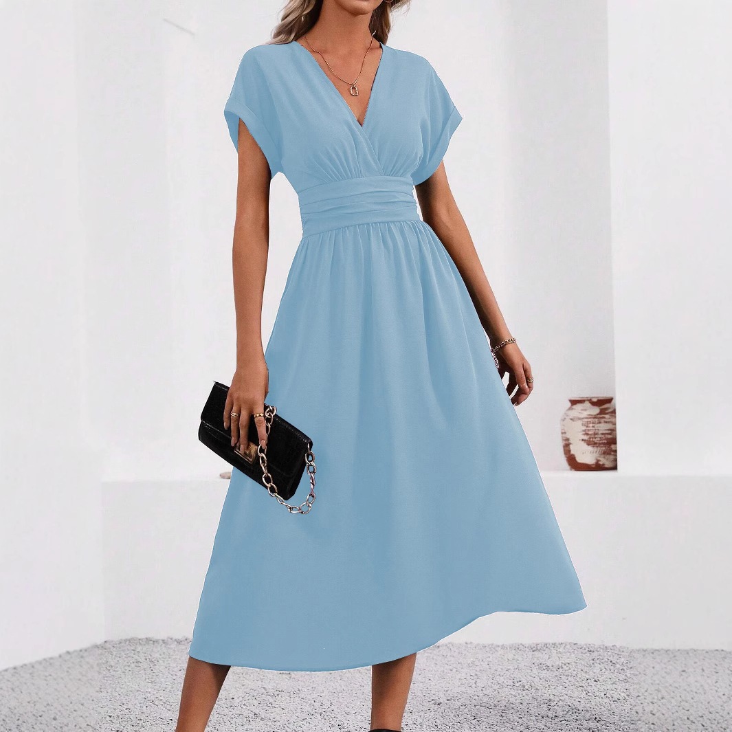 Women's Solid Overlap V-Neck Batwing Sleeve Ruched Waist Long Dress