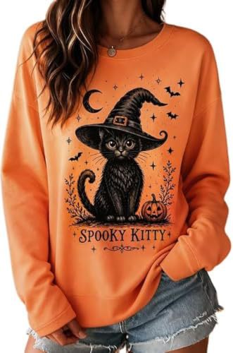 Women's Halloween Witch Hat Cat Print Sweatshirt