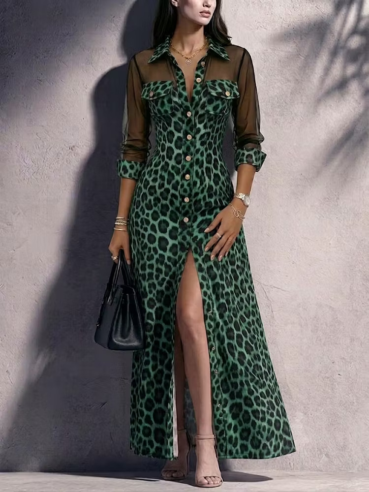 Leopard Print Mesh Panel Slit Long Sleeve Dress