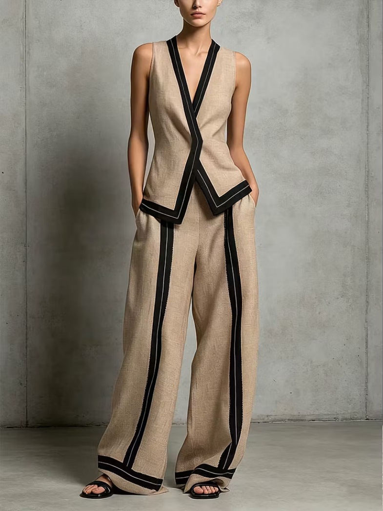 Women's V-Neck Sleeveless Top and High-Waist Wide-Leg Pants Set