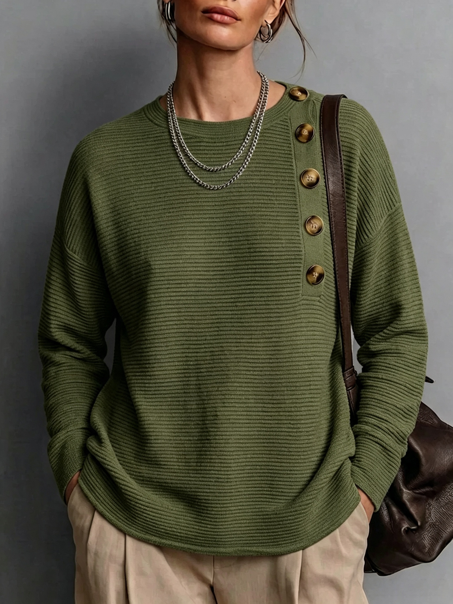 Women's Solid Button Knit Shirt Long Sleeve Crew Neck Loose Fit