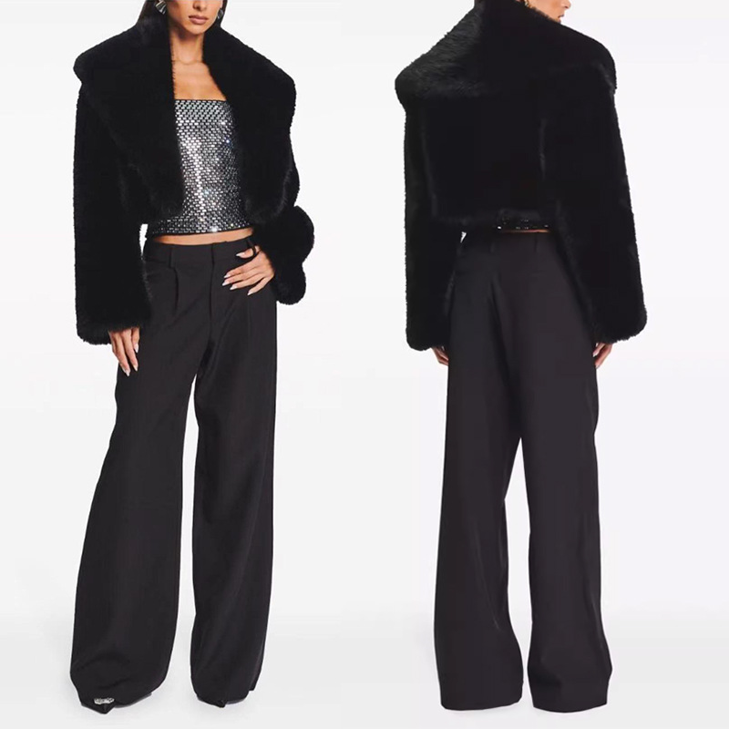 Faux Fur Cropped Jacket with Fur Collar, Long Sleeve, Women's