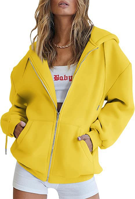 Women's Minimalist Solid Print Zip-Up Hoodie