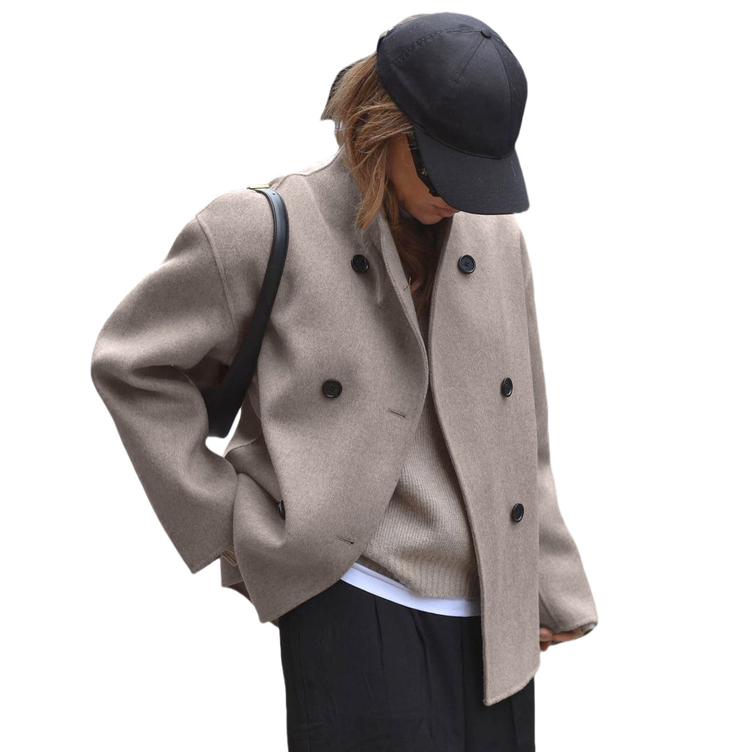 Women's Wool-Blend Short Coat with Lapel Collar, Double-Breasted, Loose Fit, Casual