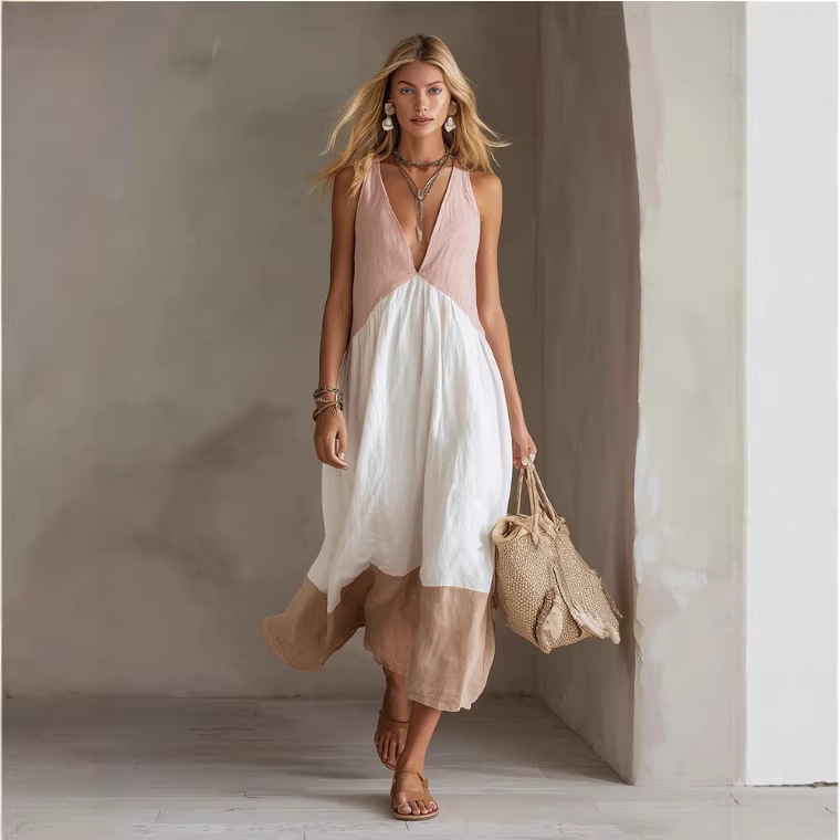 Elegant Color-Block V-Neck Sleeveless A-Line Maxi Dress