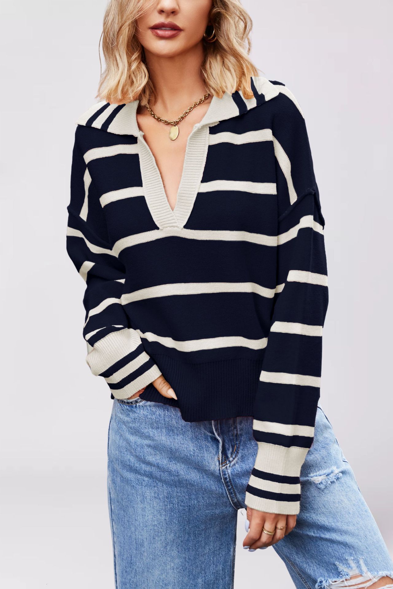Striped Colorblock Knit Sweater with Collar Loose Plus Size