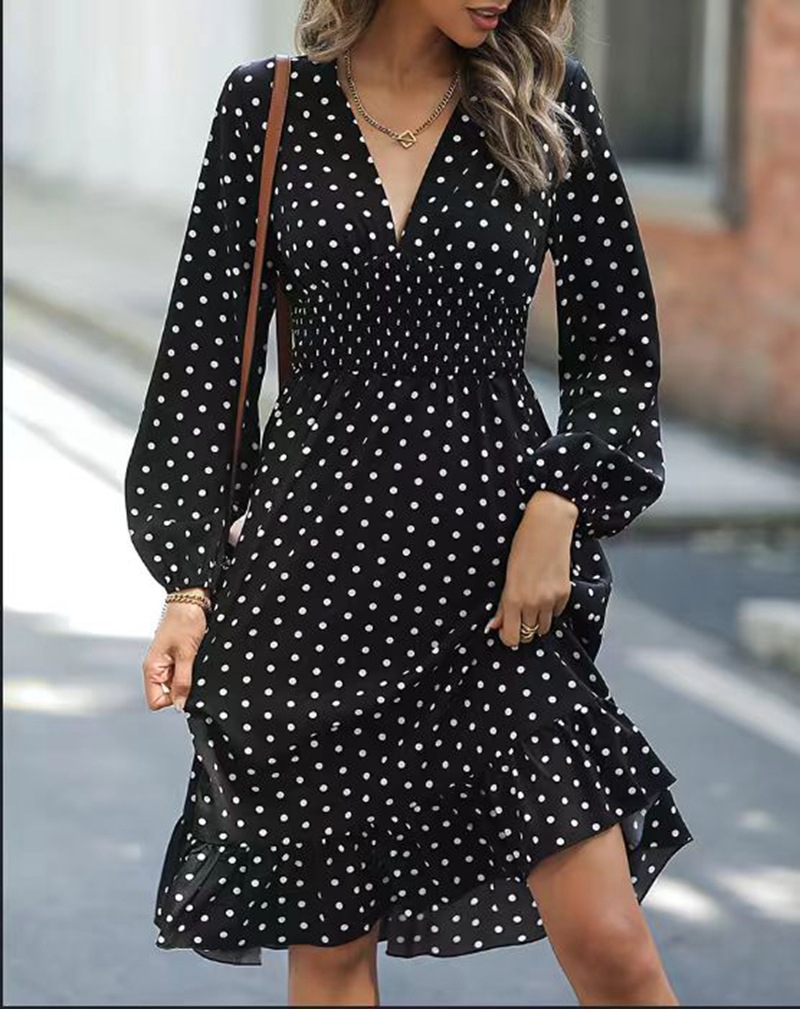 Polka Dot V-Neck Cinched Waist Midi Dress