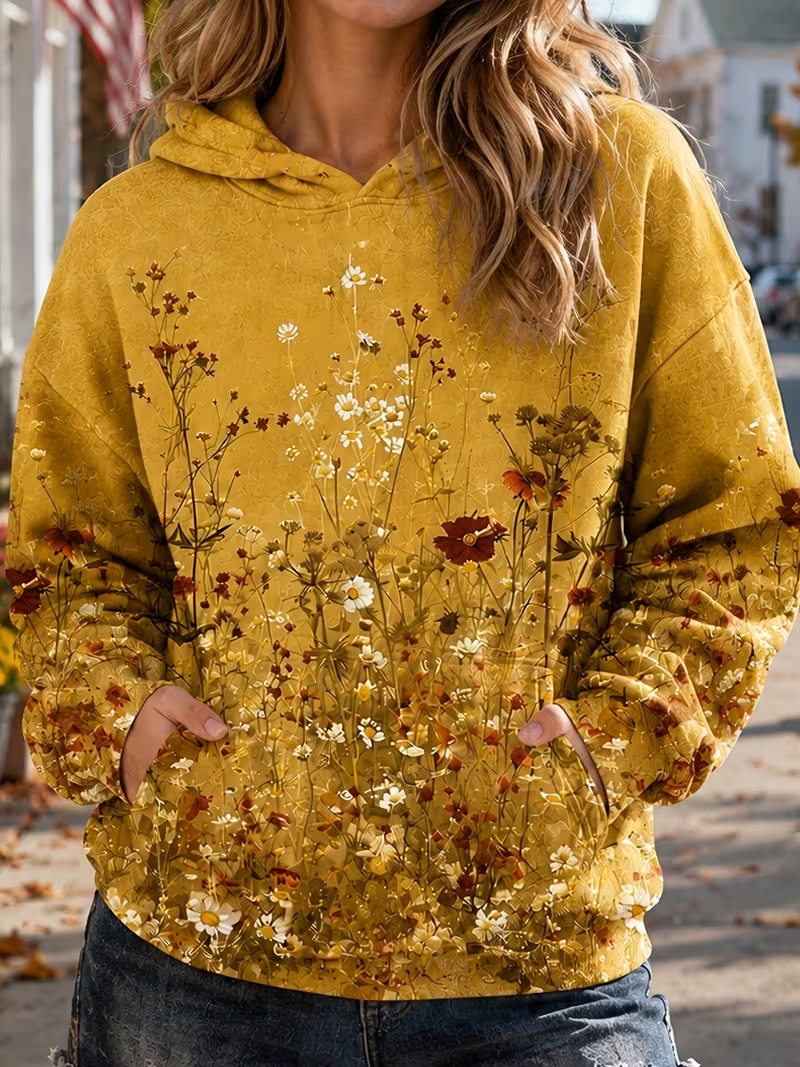Women's Floral Print Casual Hoodie Long Sleeve Crewneck