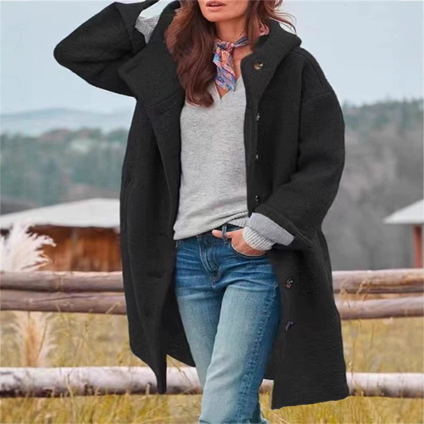 Women's Solid Hooded Long Wool Coat Casual Loose Fit