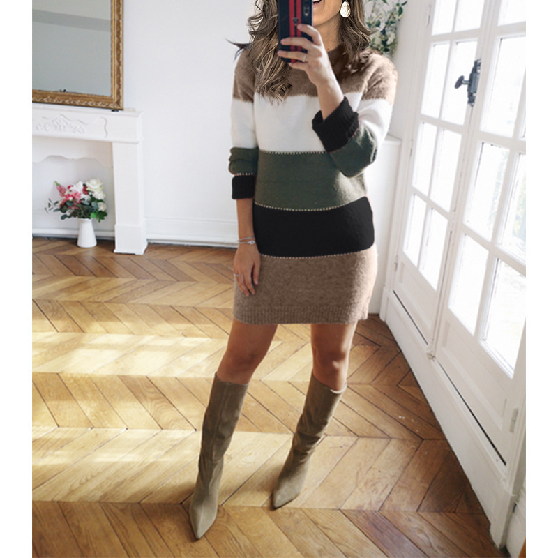 Color-Block Knit Sweater Dress with Round Neck