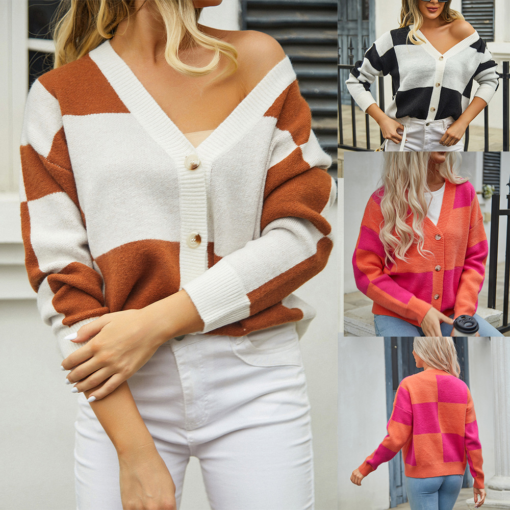 Plaid Patchwork Knit Cardigan Sweater Coat