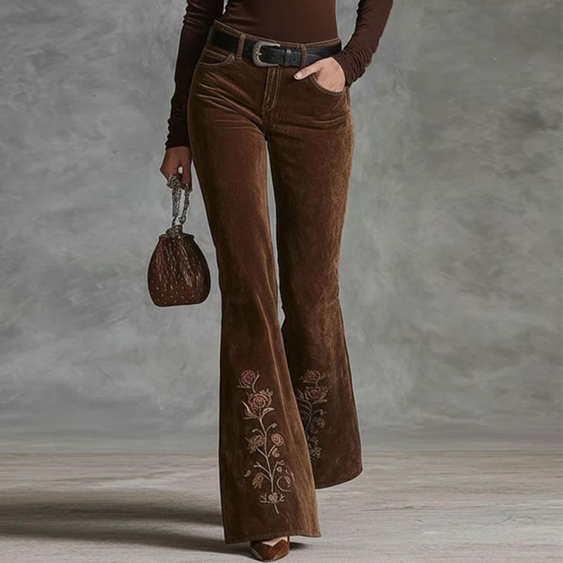Retro Embroidered Floral Corduroy Flare Pants Slimming Casual Women's