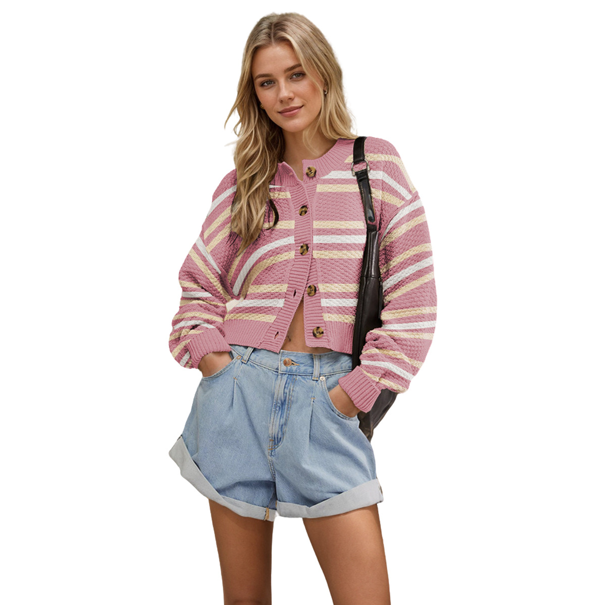 Color-Block Knit Cardigan Button-Up Commuter Jacket
