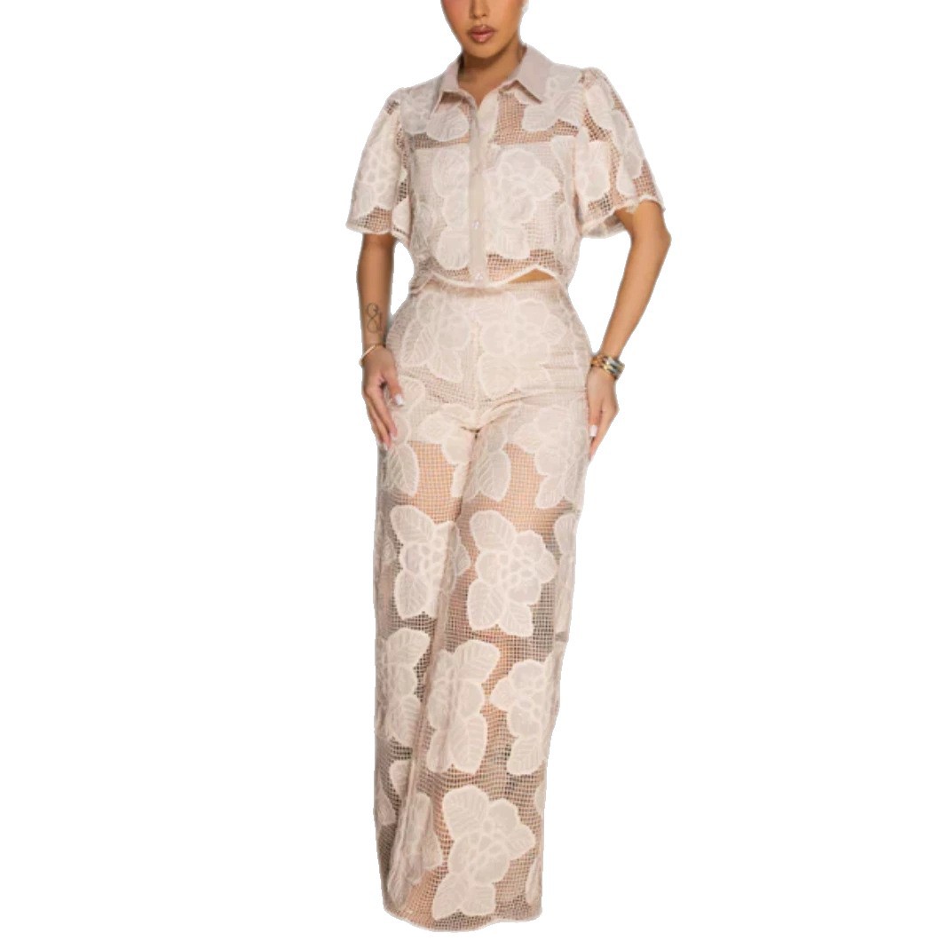 Lace Hollow-Out Panel Collared Short-Sleeve Shirt and Pants Set