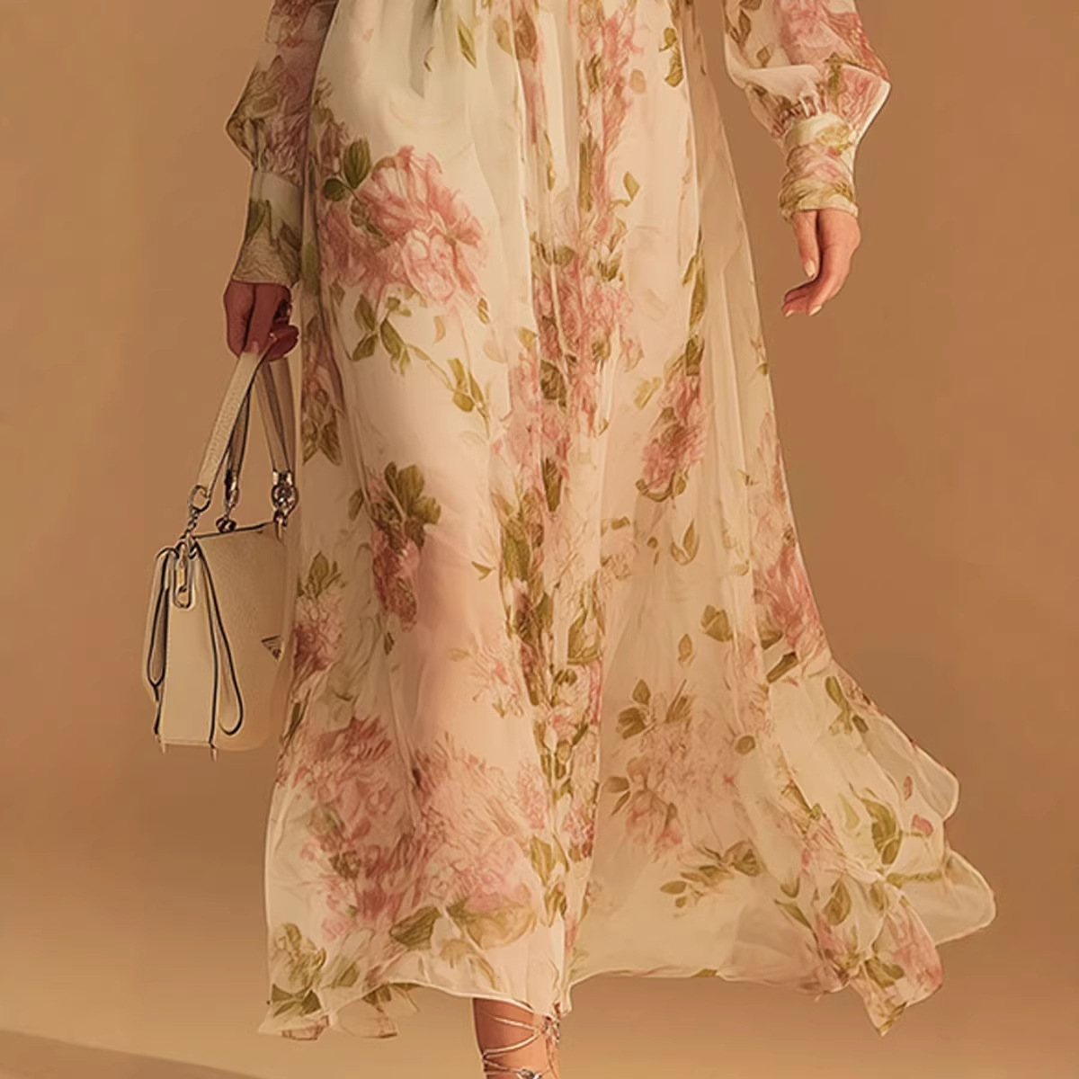 Lantern Sleeve V-Neck Mesh Floral Print High-Waist Maxi Dress