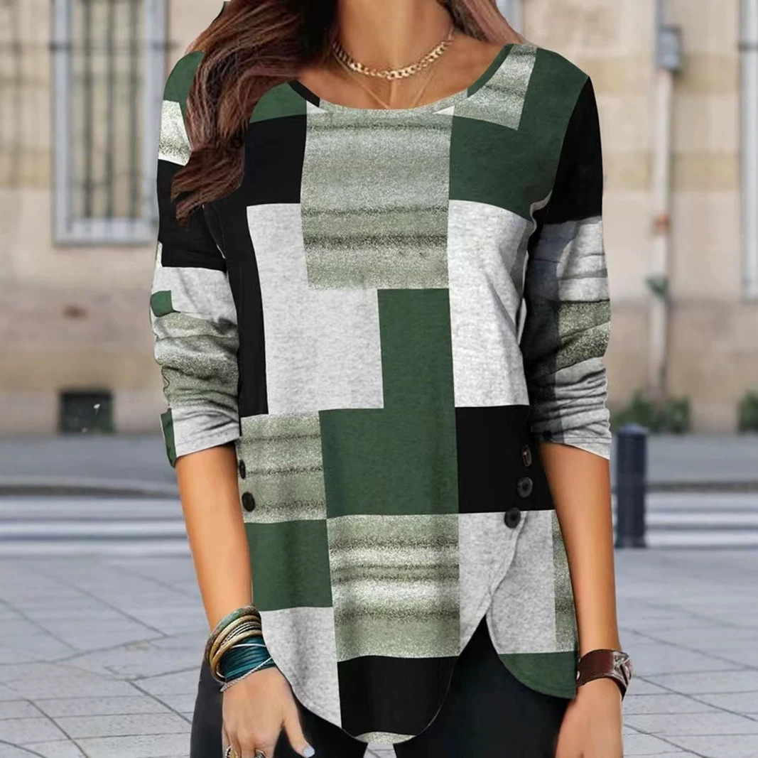 Plaid Crewneck Pullover Long Sleeve Knit Top