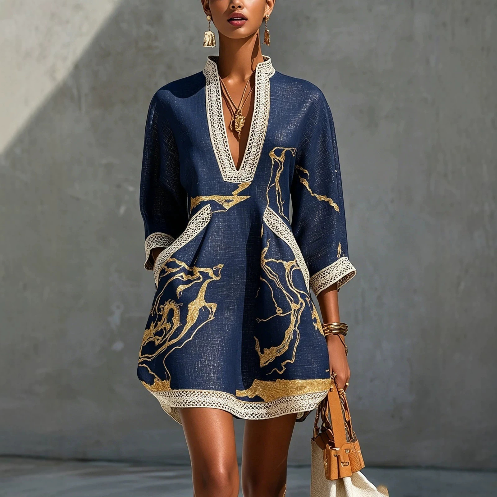 Gold Abstract Print V-Neck Lace Trim 3/4 Sleeve Loose Cotton-Blend Short Dress