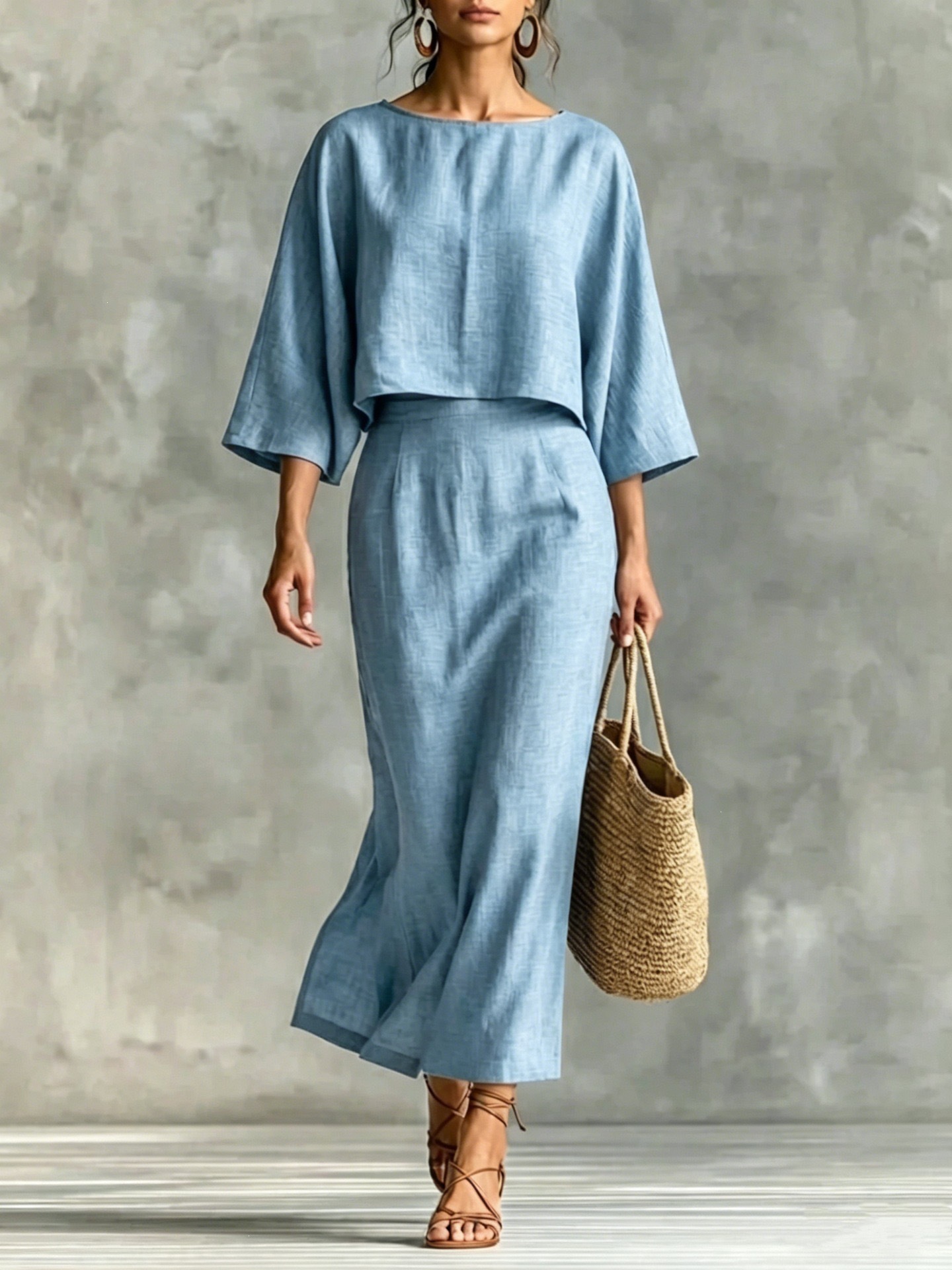 Women's High-Waist Midi Skirt Set with Round-Neck Seven-Sleeve Top