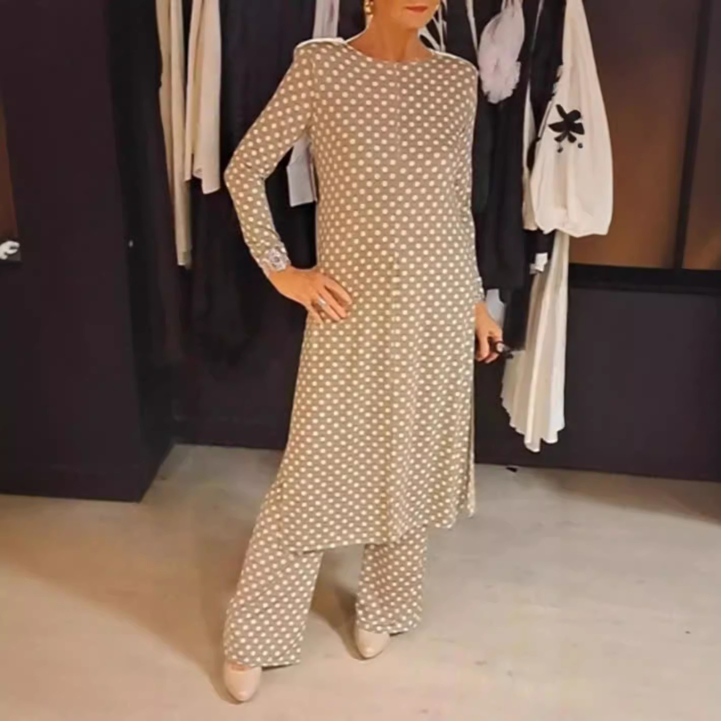 Women's Polka Dot Round Neck Slim Fit Slit Top Set