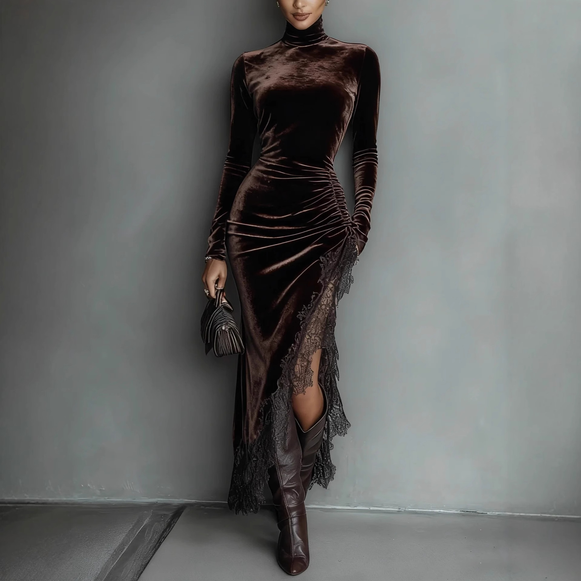 High Neck Velvet Long Sleeve Bodycon Dress with Open Back and Ruched Details