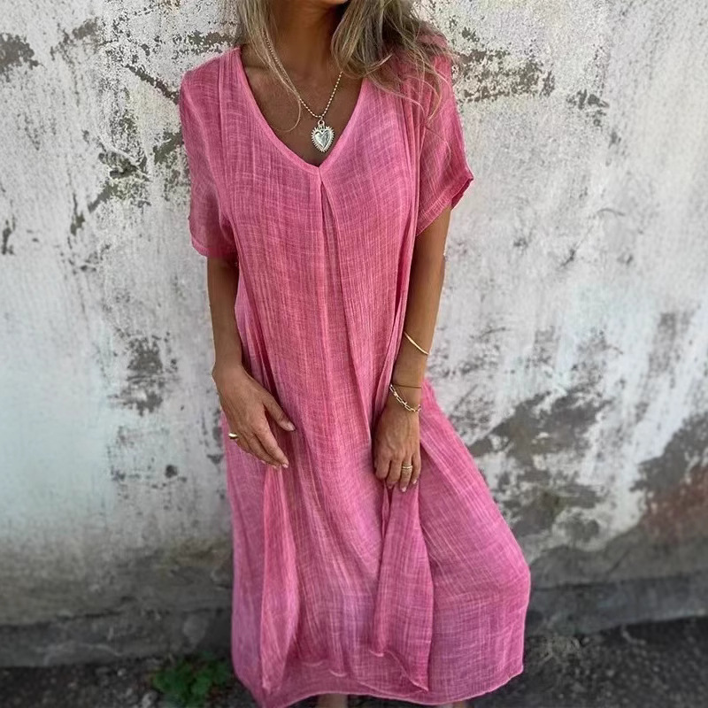 Cotton-Linen V-Neck Semi-Formal Dress