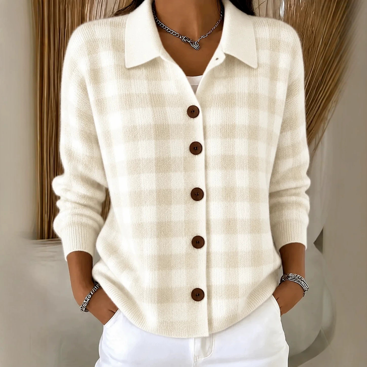 Women's Loose Plaid Long Sleeve Collared Cardigan Sweater