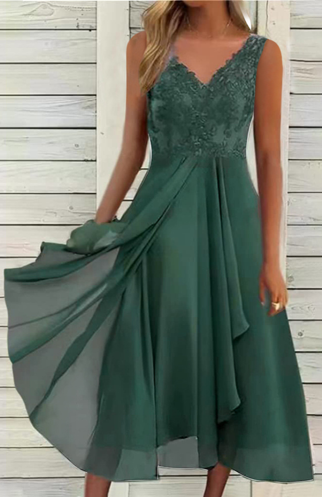 Sleeveless Chiffon Lace Cutout Long Dress
